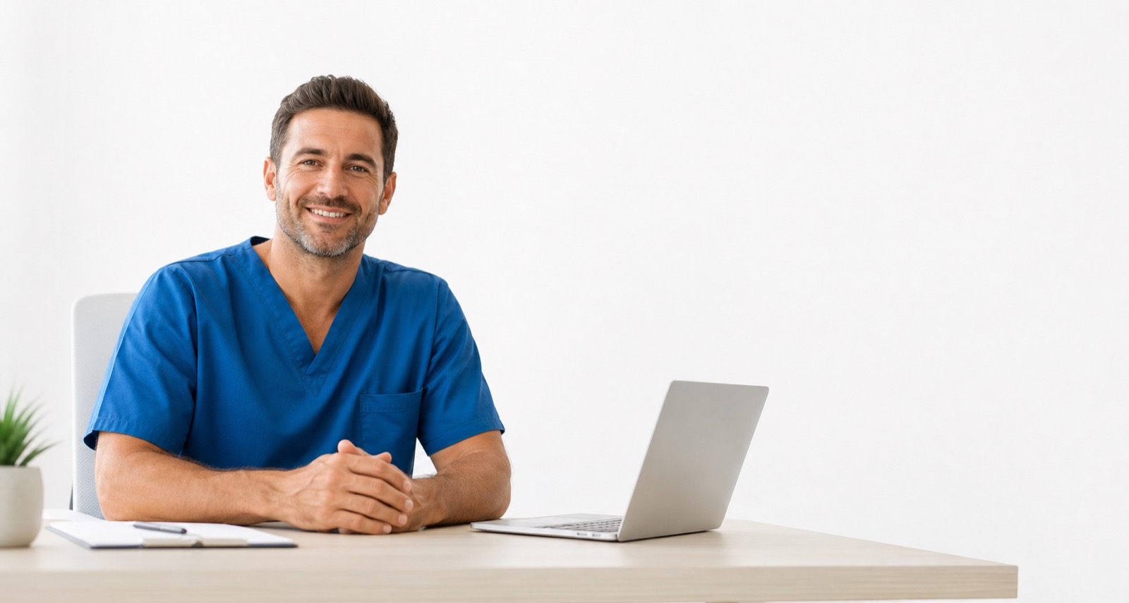 English-speaking doctor beside a computer in a bright consultation room