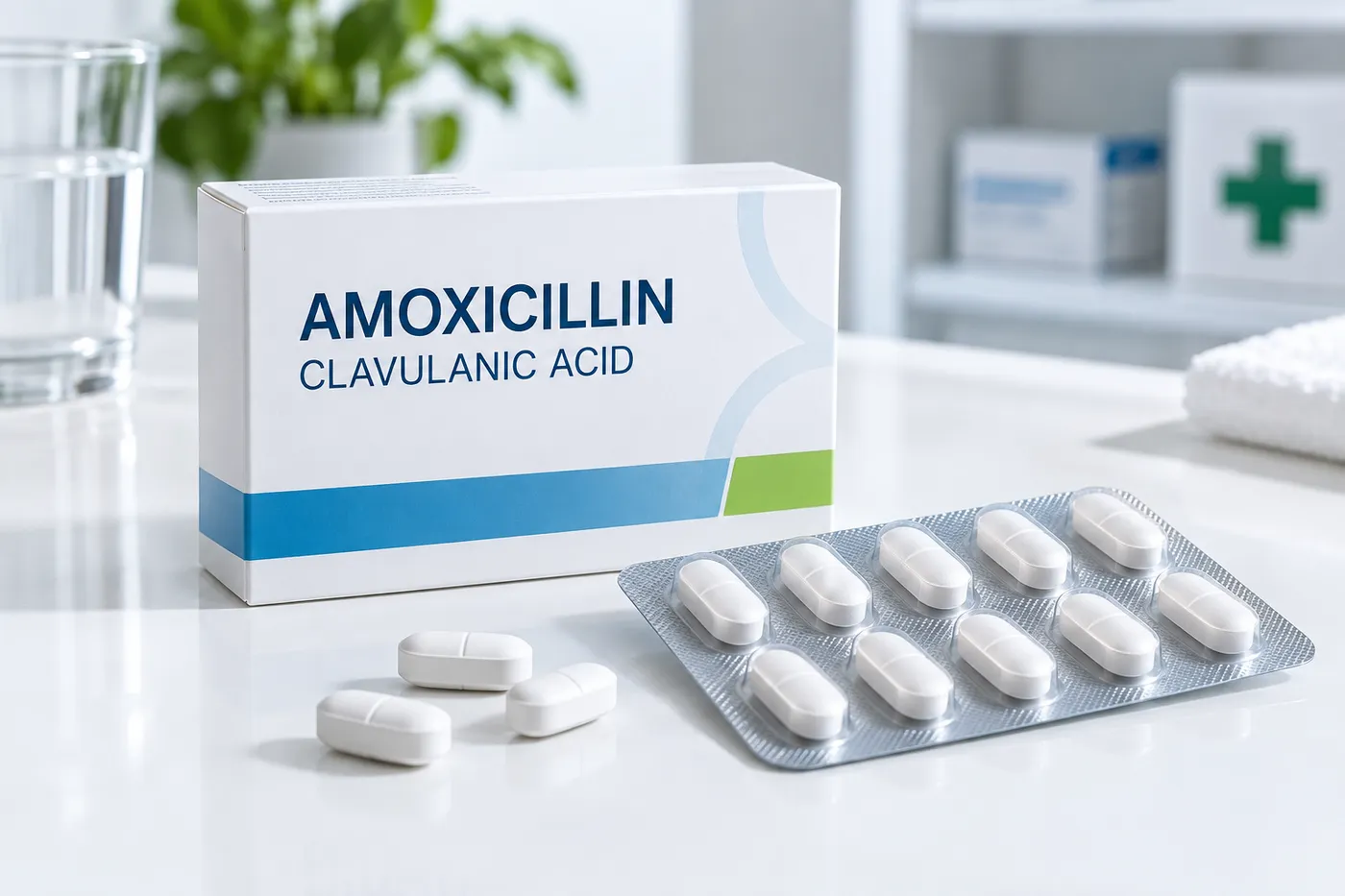 Amoxicillin and clavulanic acid antibiotic packaging and tablets