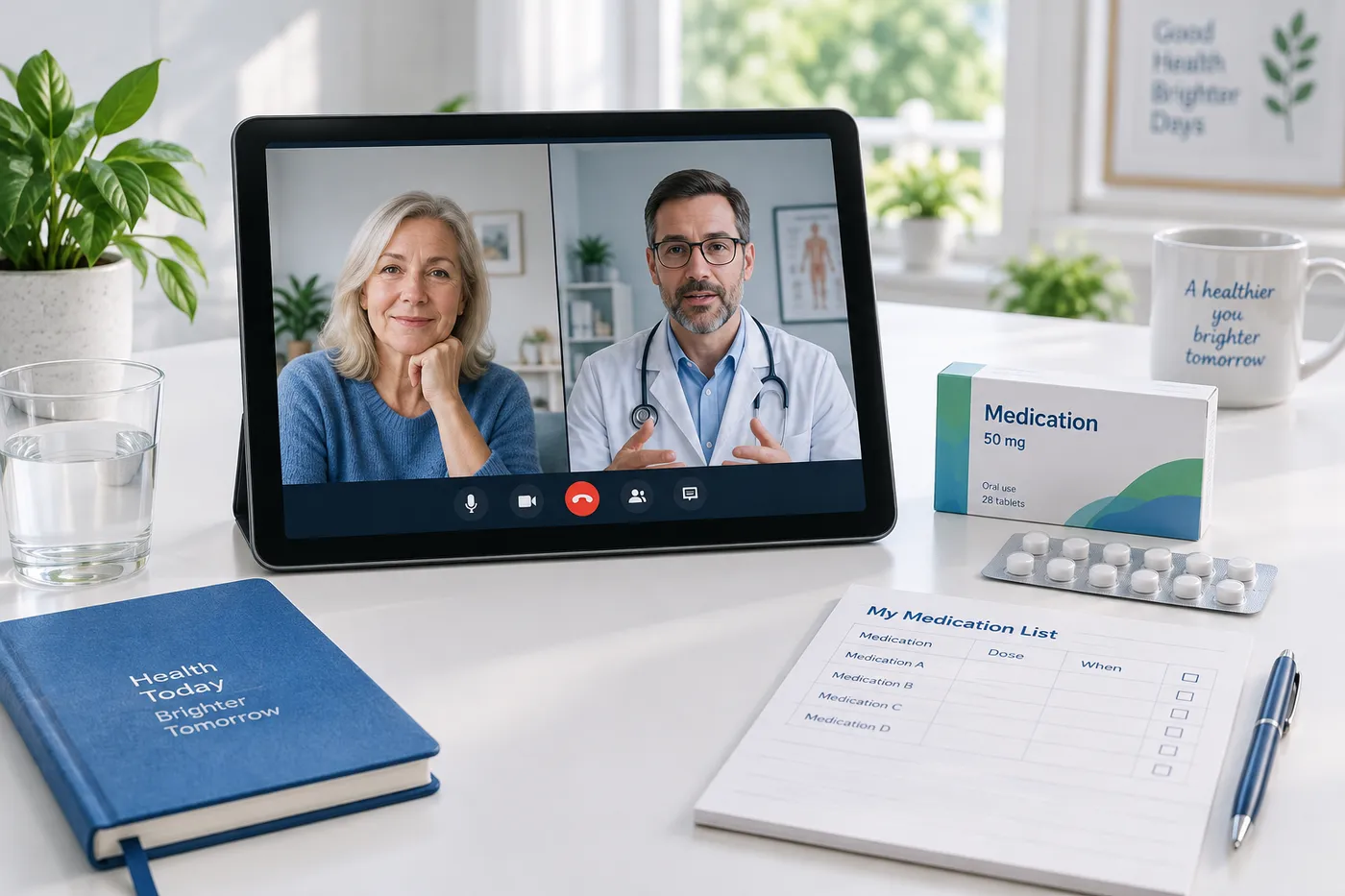 Complete tablet showing an online medication review with a doctor
