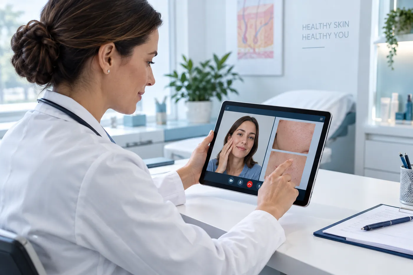 Doctor reviewing skin photographs during an online dermatology consultation