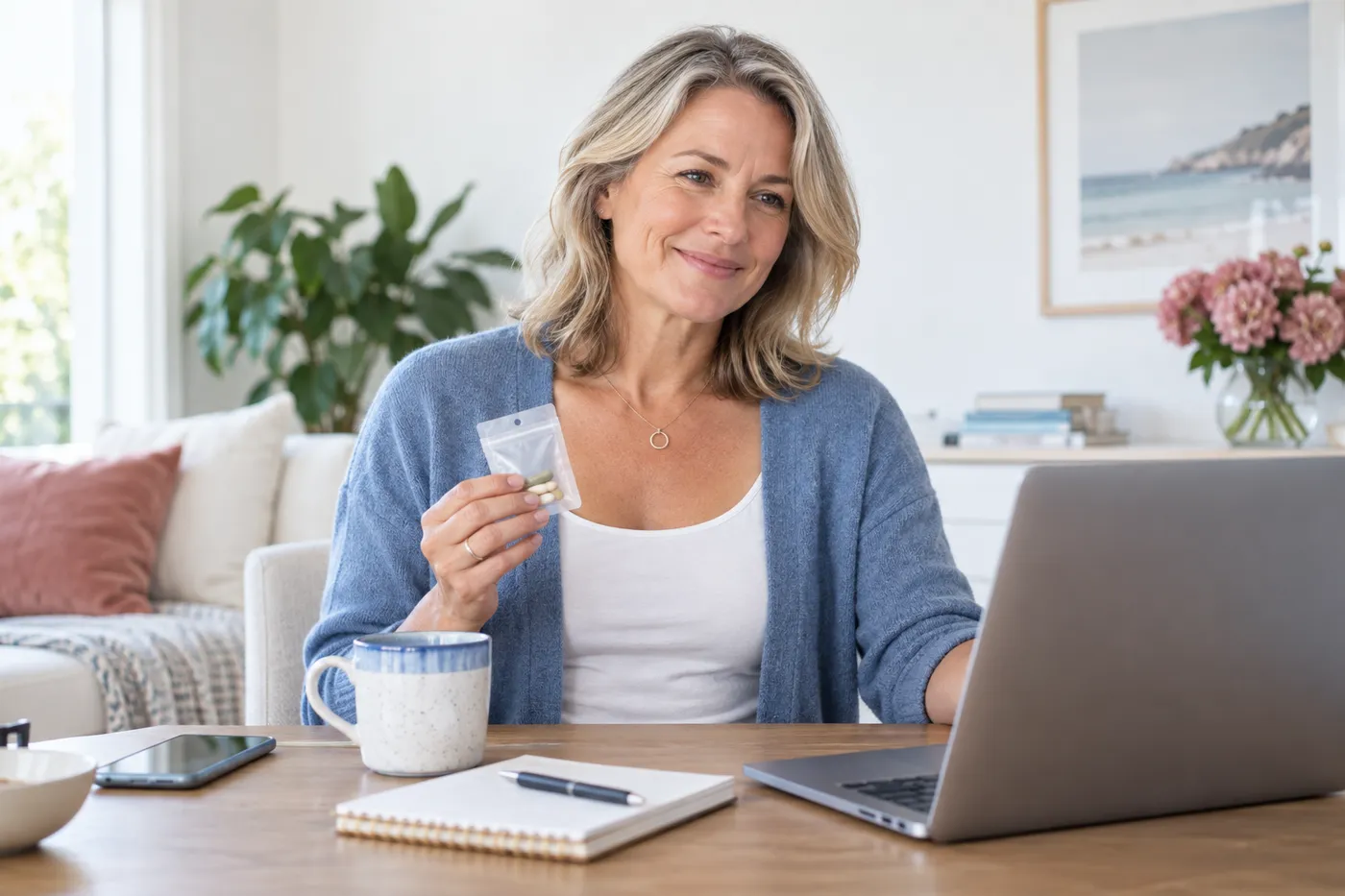 Woman discussing menopause and regular medication during an online consultation