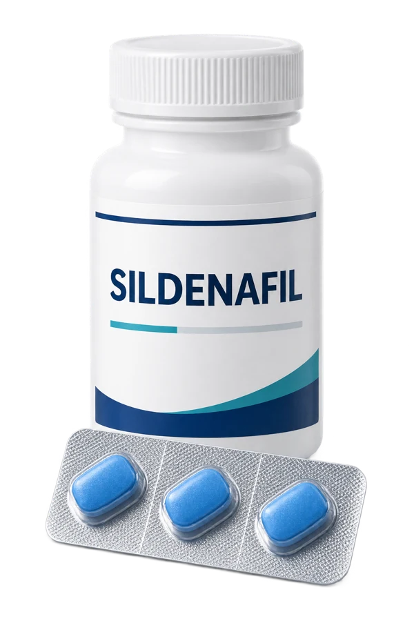 Sildenafil medication bottle and tablets used to illustrate the prescription pathway