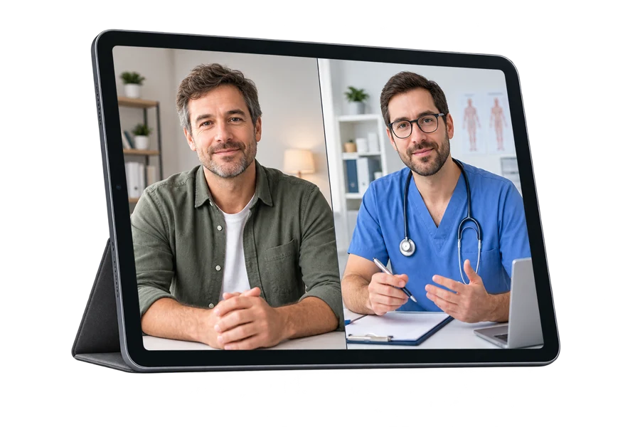 Patient and doctor speaking during a private video consultation on a tablet