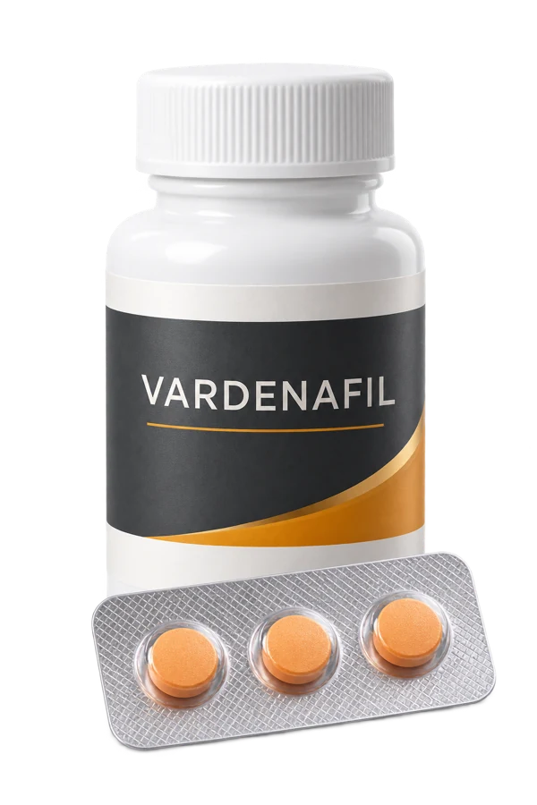 Vardenafil medication bottle and tablets used to illustrate the prescription pathway