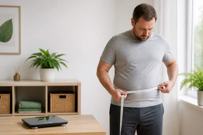 Adult measuring waist circumference beside digital scales
