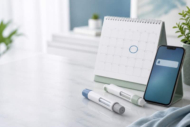 Weekly injection reminder with calendar, telephone and injection pens