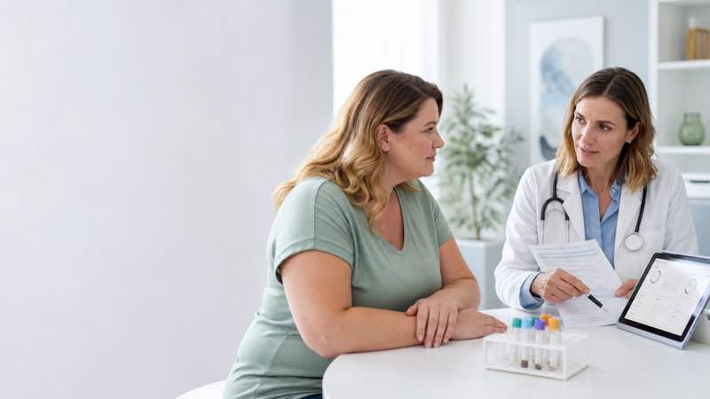 Doctor discussing a blood-test request and monitoring results with a weight-management patient