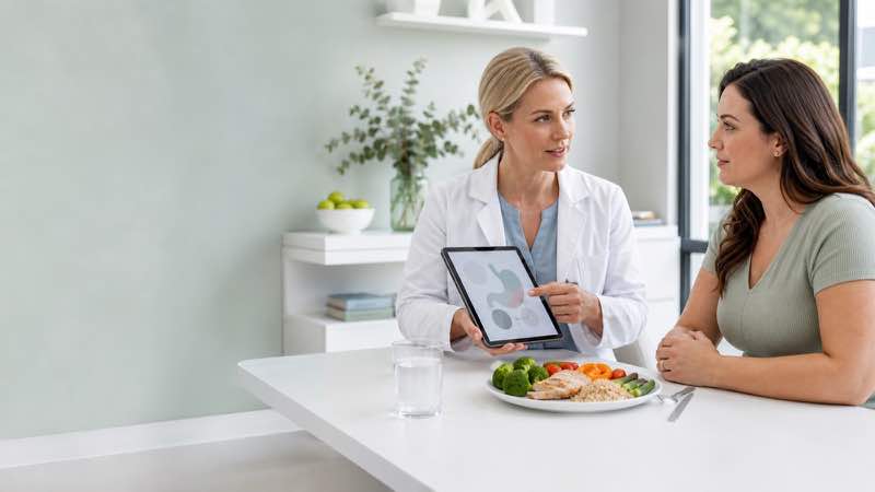 Doctor discussing digestive symptoms and a balanced diet during weight-loss treatment