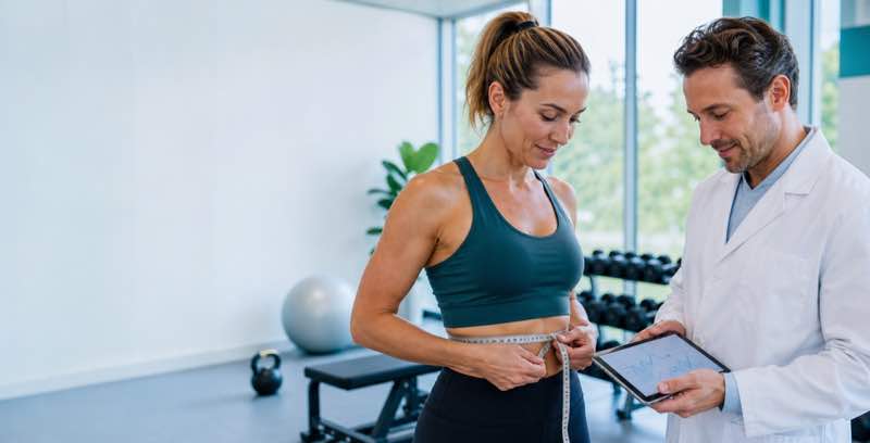 Patient measuring waist after strength training with a doctor reviewing progress