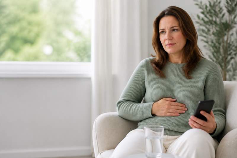 Patient monitoring abdominal symptoms and preparing to contact a doctor