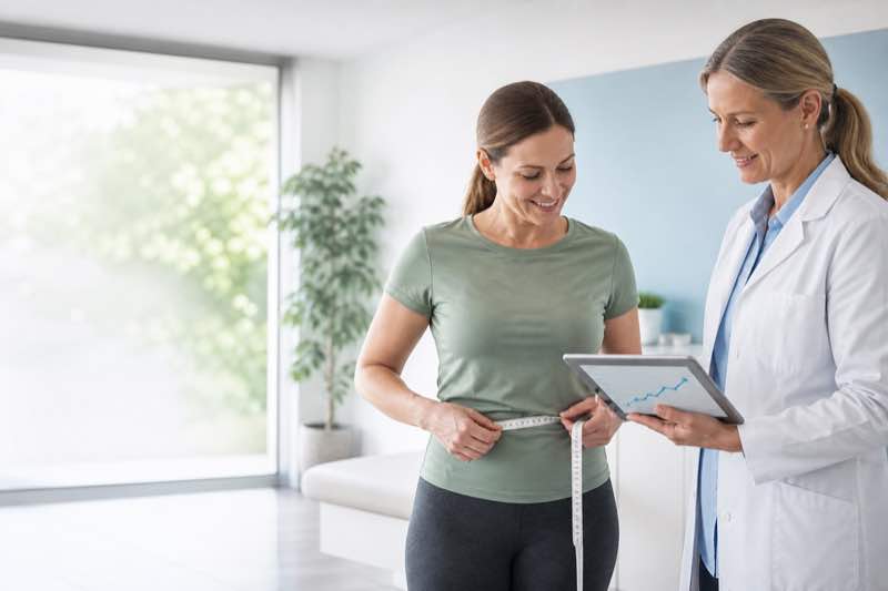 Patient measuring waist with support from a medical professional