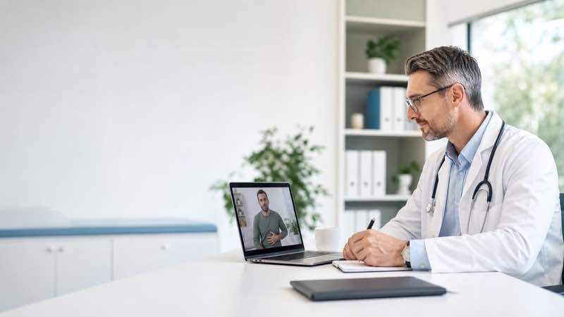 Doctor conducting an online assessment for non-emergency abdominal symptoms