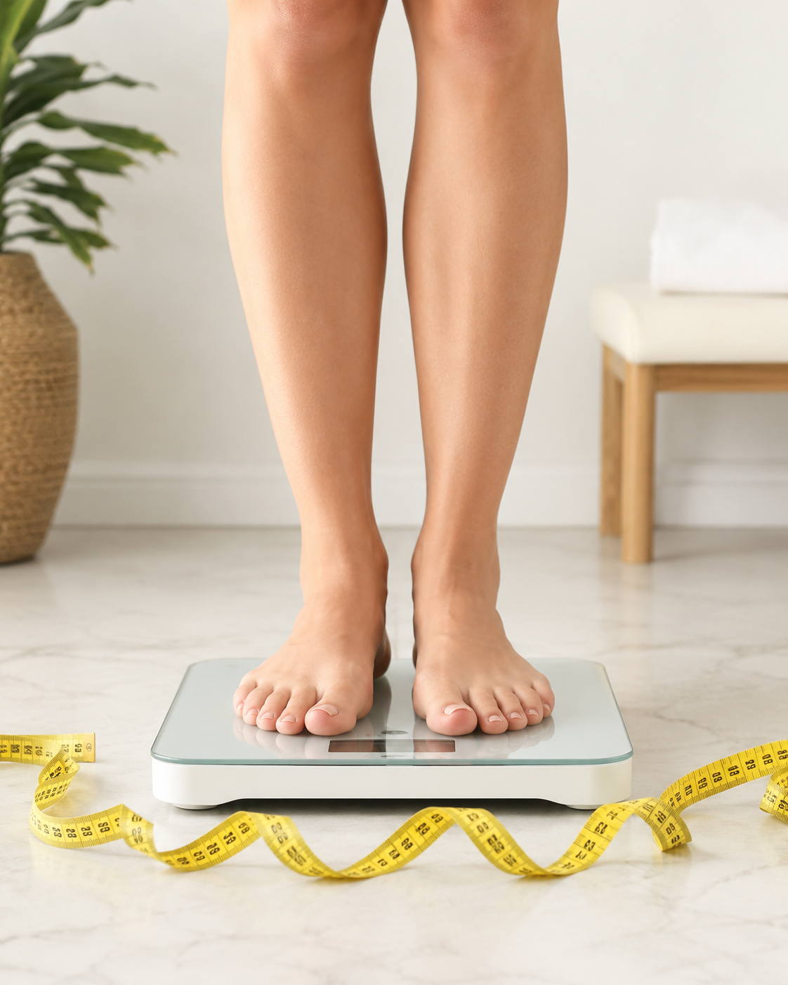 Woman checking her weight with scales and measuring tape