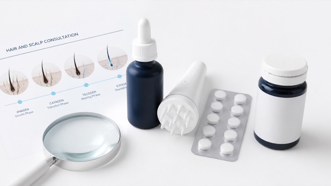 Hair-loss treatment assessment with topical and tablet options
