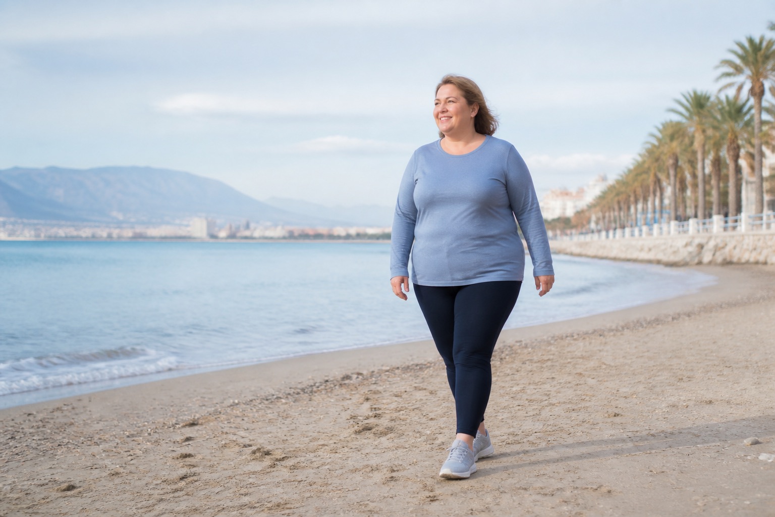 Woman enjoying a gentle walk beside the sea