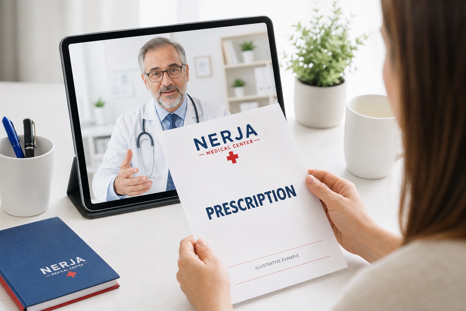 Illustrative online doctor consultation with a Nerja Medical Center prescription