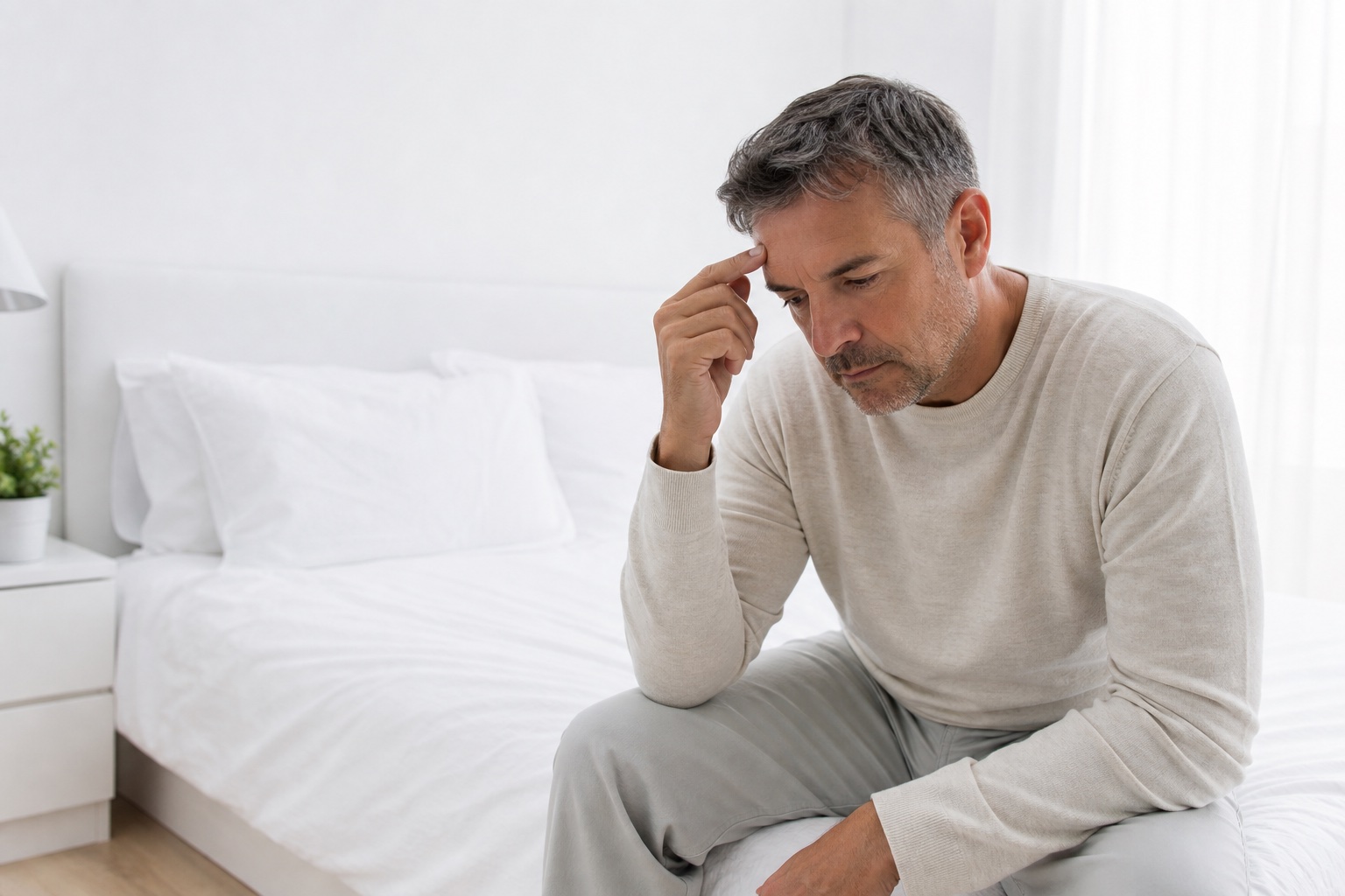 Illustrative man reflecting on a private health concern