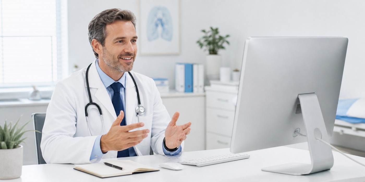 English-speaking doctor providing a telephone or video consultation