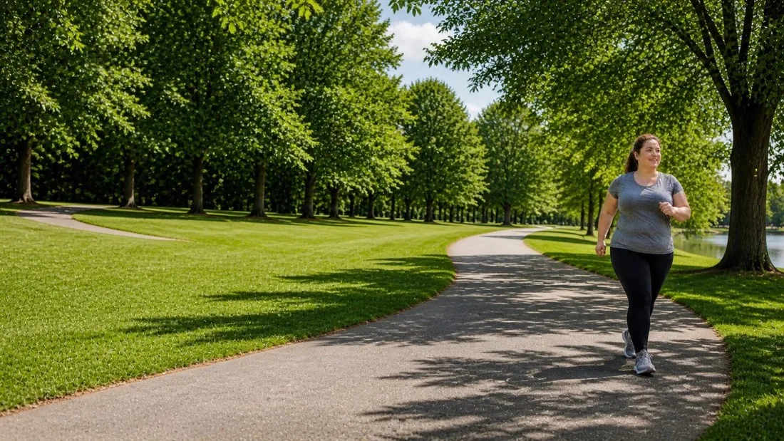 Frau trainiert im Park im Rahmen eines medizinischen Gewichtsmanagementprogramms