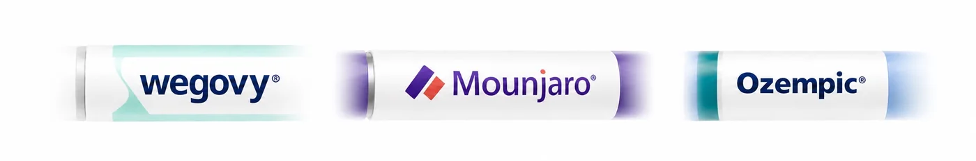Nahaufnahme horizontaler Wegovy-, Mounjaro- und Ozempic-Injektionsstifte