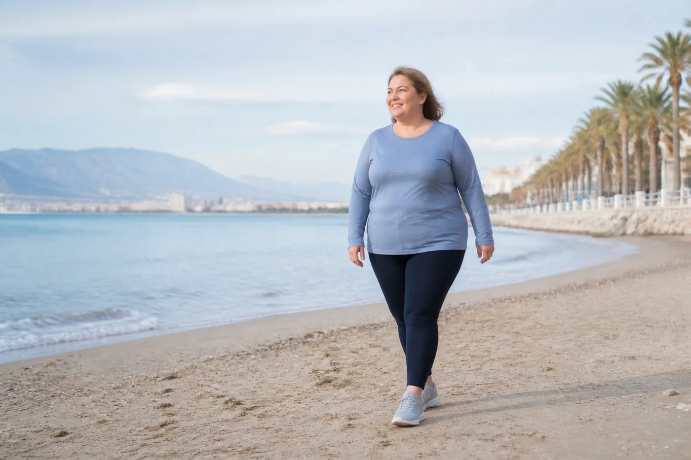 Woman enjoying a gentle walk beside the sea