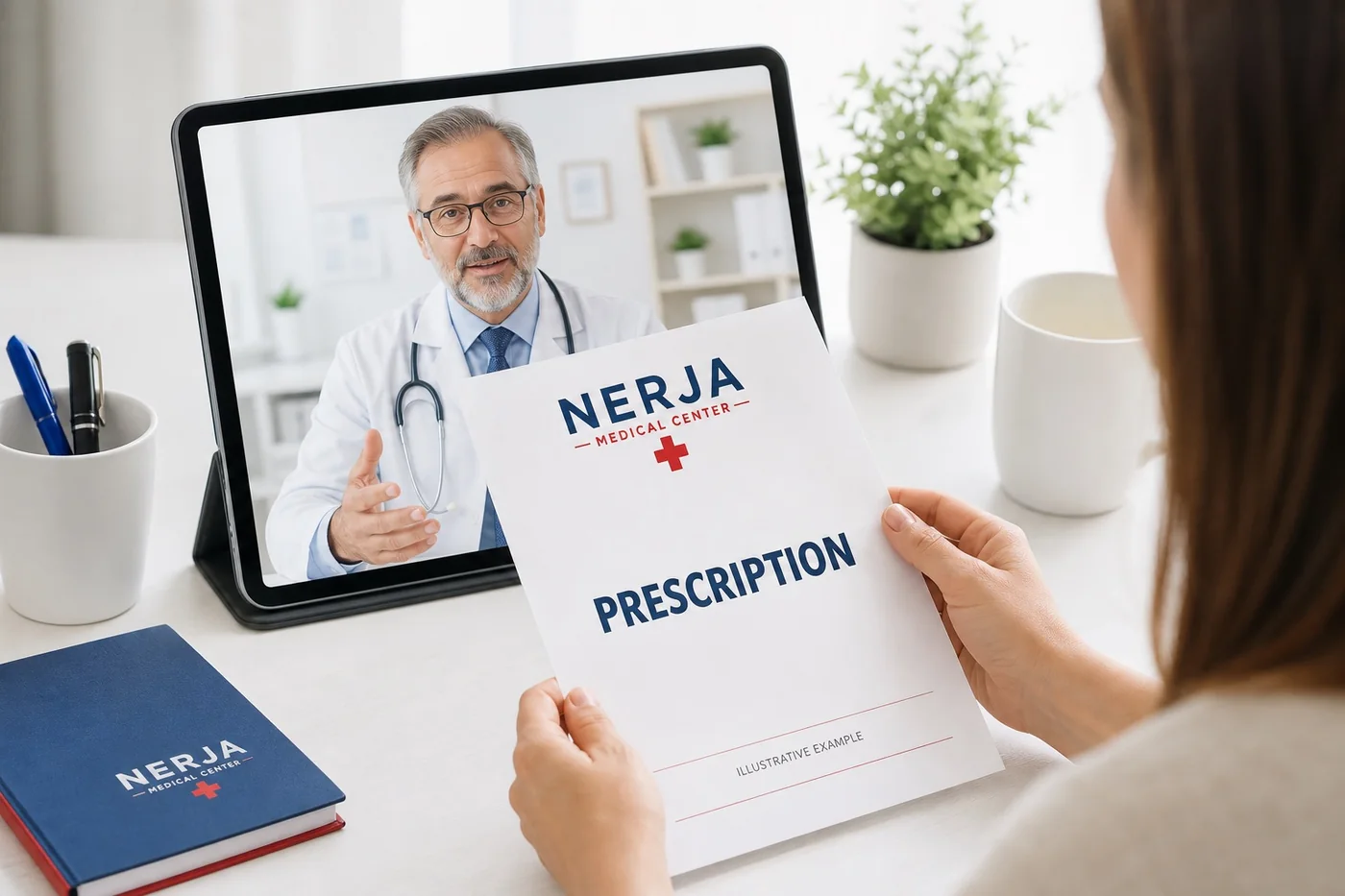 Illustrative online doctor consultation with a Nerja Medical Center prescription