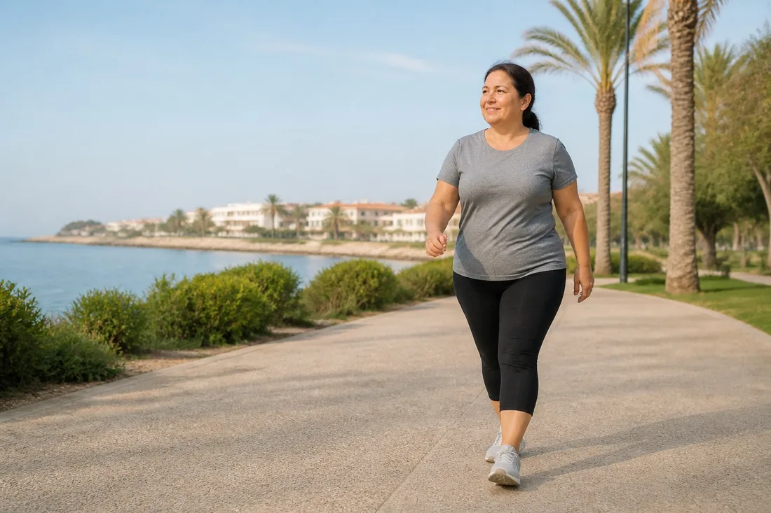 Erwachsener geht zum Sport auf einer mediterranen Promenade spazieren