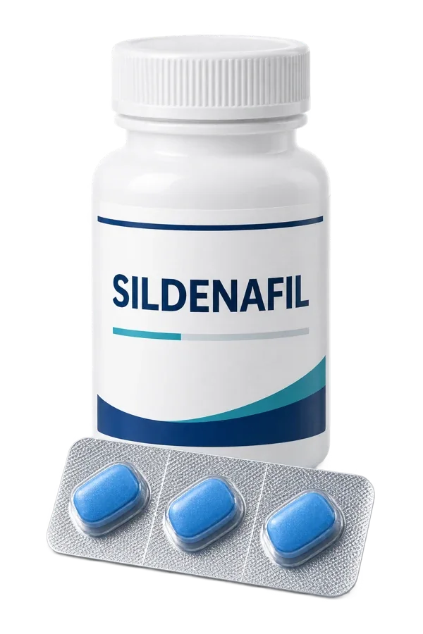 Sildenafil-Medikamentenflasche und -Tabletten zur Veranschaulichung des Verschreibungsprozesses