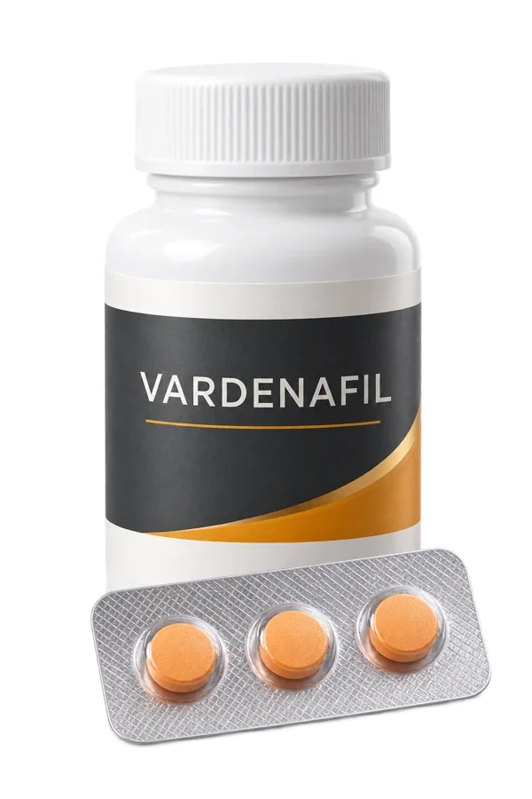 Vardenafil medication bottle and tablets used to illustrate the prescription pathway