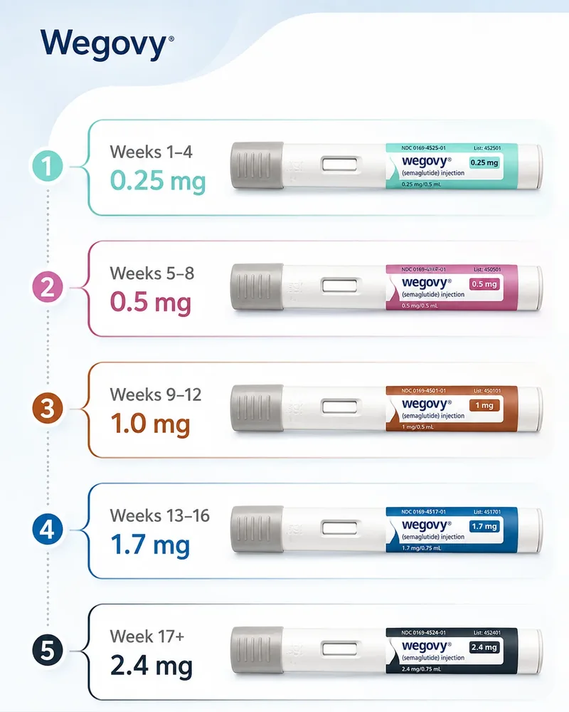 Wegovy dose escalation from 0.25 mg to 2.4 mg, increasing from left to right